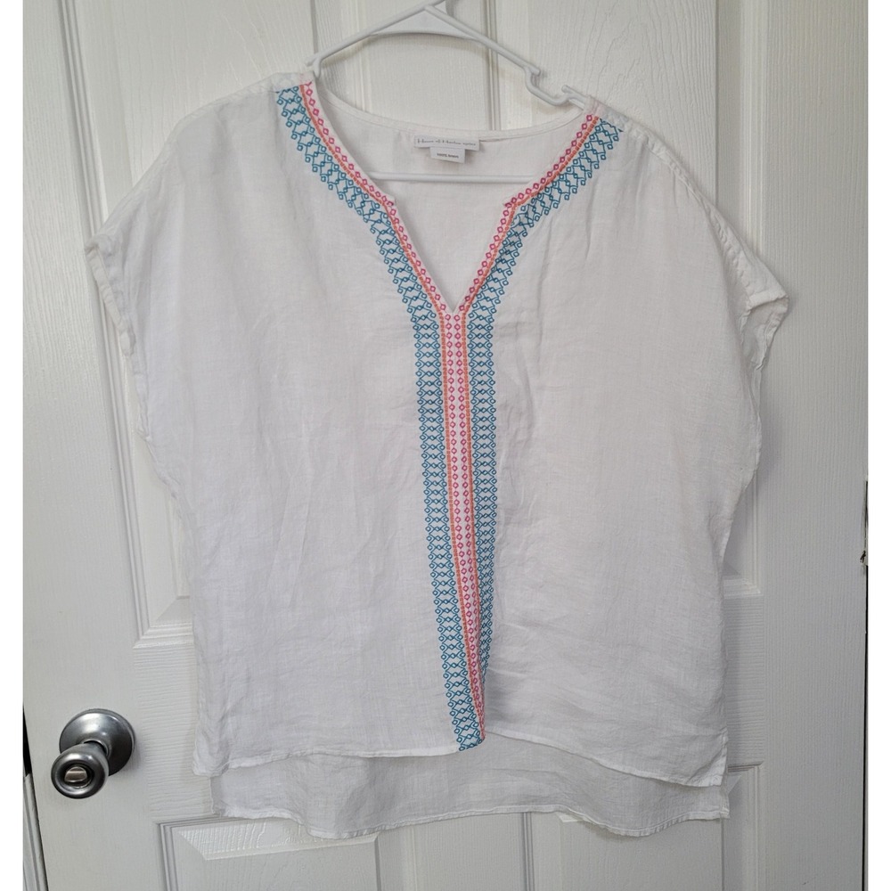 House of Harlow 1960 White 100% Linen Embroidered V-Neck Boho Blouse Top